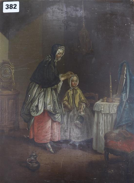 French School (19th century) Mother and child at dressing table, 34 x 26cm. unframed
